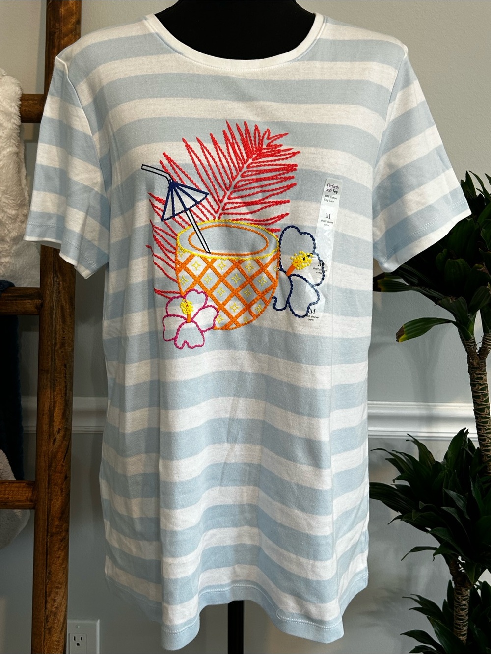 Kim Rogers Light Blue & White Striped Tee with Tropical Embroidery Size M NWT